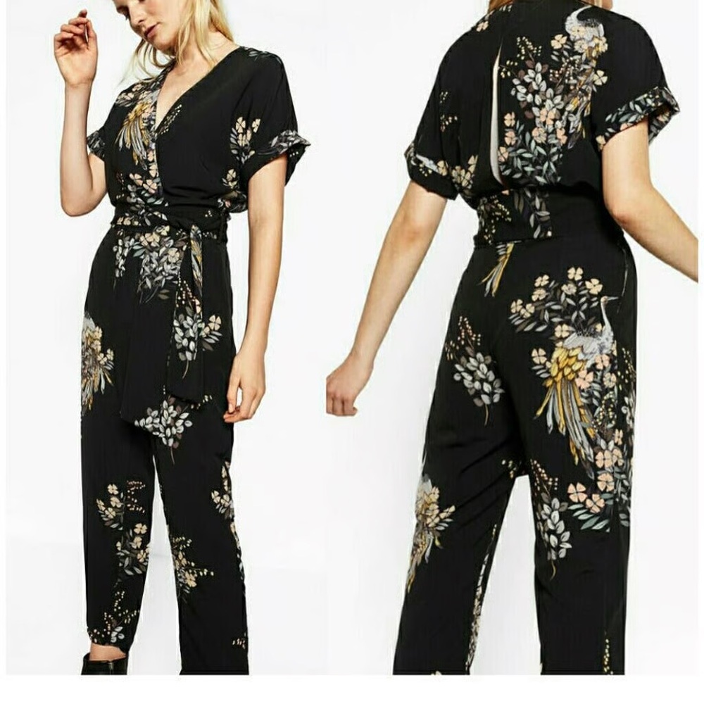 Black Asian Print Wrap Jumpsuit